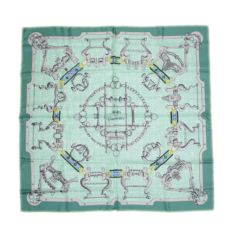 カレ90 スカーフ 馬銜と鎖 グリーン系 シルク100％ スカーフ