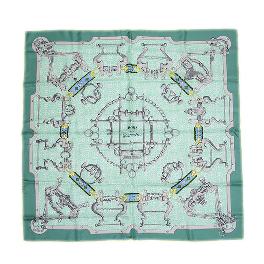 カレ90 スカーフ 馬銜と鎖 グリーン系 シルク100％ スカーフ