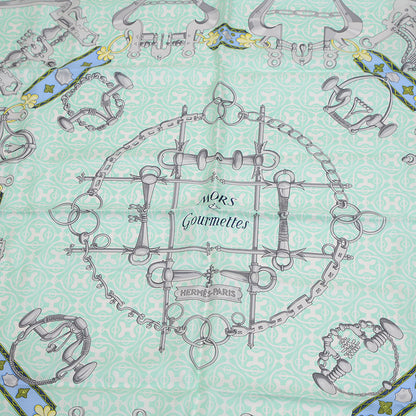 カレ90 スカーフ 馬銜と鎖 グリーン系 シルク100％ スカーフ