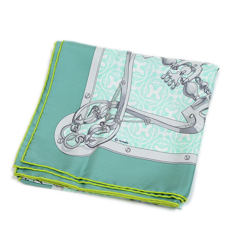 カレ90 スカーフ 馬銜と鎖 グリーン系 シルク100％ スカーフ