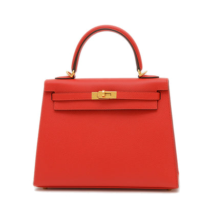 ケリー25 外縫い エプソン ルージュラデュー ゴールド金具 K刻印 ハンドバッグ