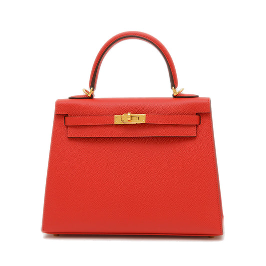 ケリー25 外縫い エプソン ルージュラデュー ゴールド金具 K刻印 ハンドバッグ