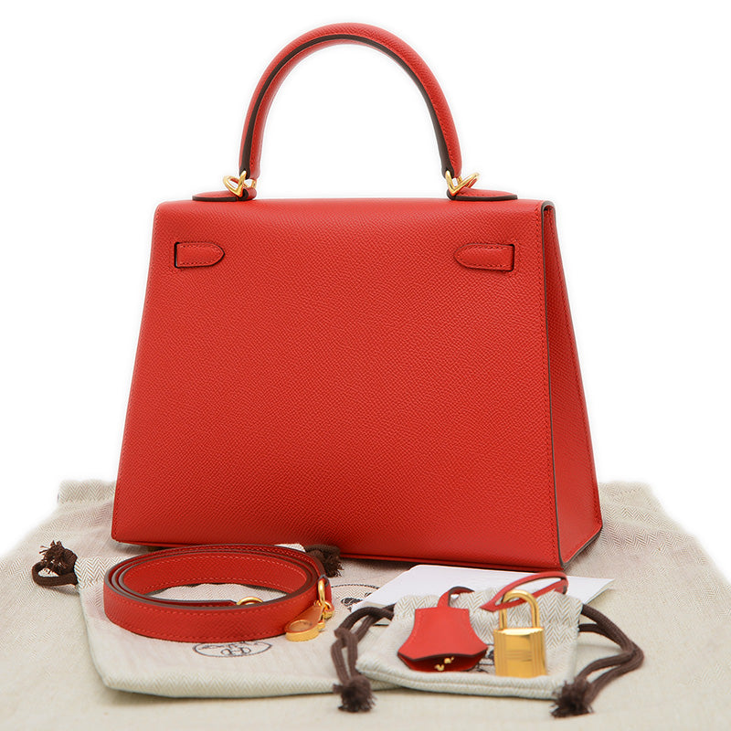 ケリー25 外縫い エプソン ルージュラデュー ゴールド金具 K刻印 ハンドバッグ