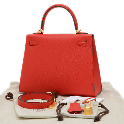 ケリー25 外縫い エプソン ルージュラデュー ゴールド金具 K刻印 ハンドバッグ