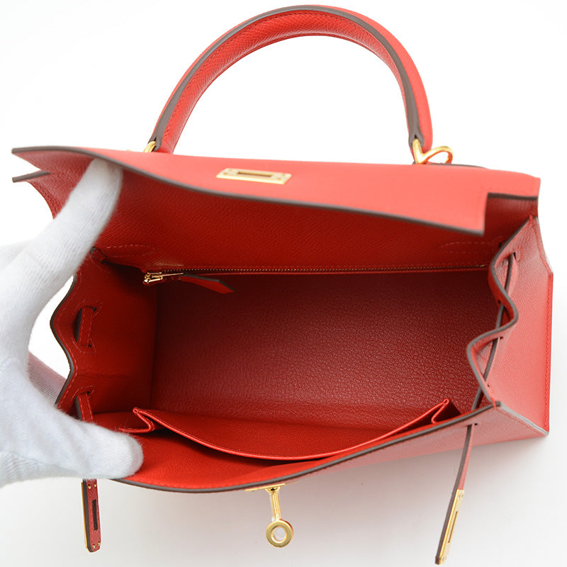 ケリー25 外縫い エプソン ルージュラデュー ゴールド金具 K刻印 ハンドバッグ