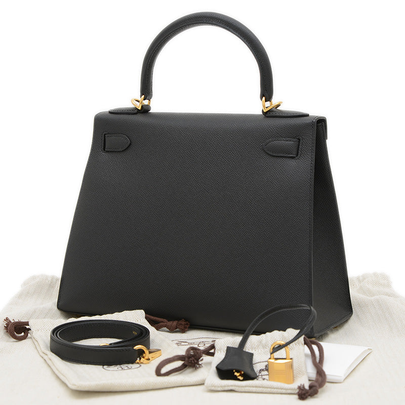 ケリー28 外縫い エプソン ブラック ゴールド金具 K刻印 ハンドバッグ