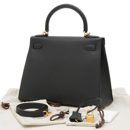 ケリー28 外縫い エプソン ブラック ゴールド金具 K刻印 ハンドバッグ