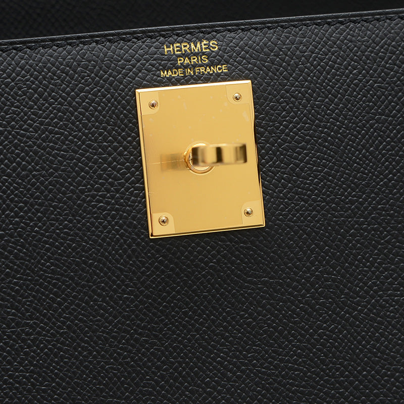 ケリー28 外縫い エプソン ブラック ゴールド金具 K刻印 ハンドバッグ