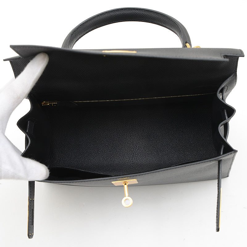 ケリー28 外縫い エプソン ブラック ゴールド金具 K刻印 ハンドバッグ