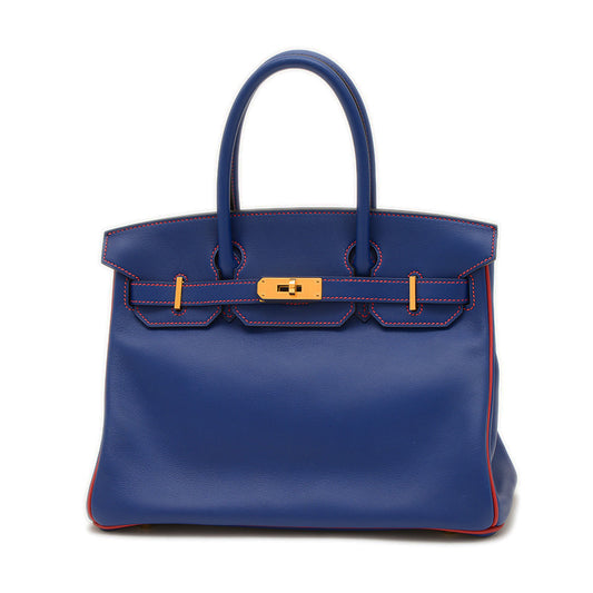 バーキン30 パーソナル ブルーエレクトリック/ルージュグレナ ゴールド金具 A刻印 ハンドバッグ