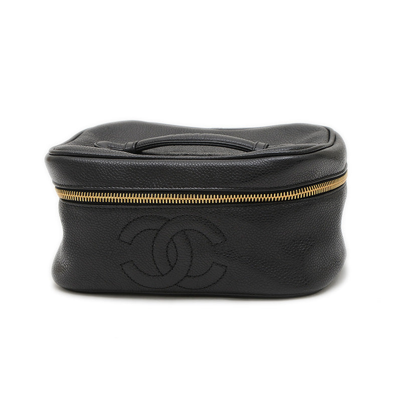 ココマーク 横型 バニティ バッグ キャビアスキン ブラック ゴールド金具 ハンドバッグ