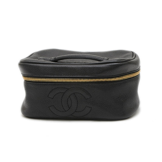 ココマーク 横型 バニティ バッグ キャビアスキン ブラック ゴールド金具 ハンドバッグ