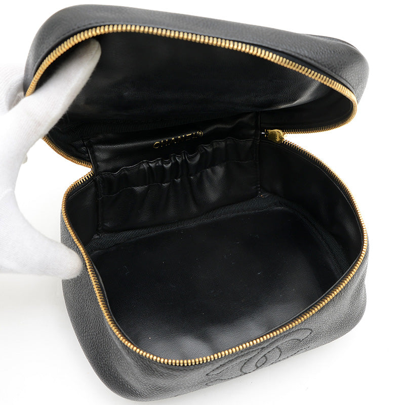 ココマーク 横型 バニティ バッグ キャビアスキン ブラック ゴールド金具 ハンドバッグ