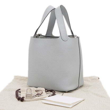 ピコタンロック PM 18 トリヨン ブルーペール シルバー金具 W刻印 ハンドバッグ