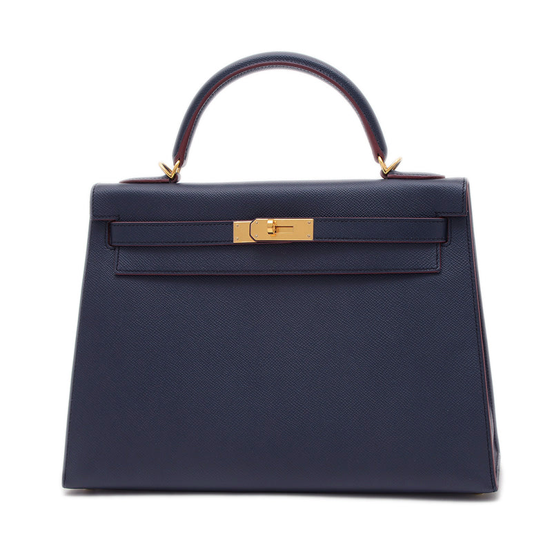 ケリー32 外縫い コントゥール エプソン ブルーインディゴ/ルージュアッシュ X刻印 ハンドバッグ