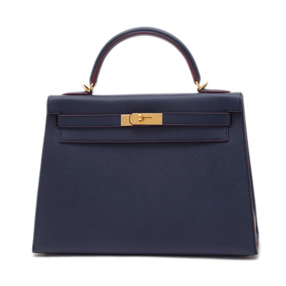 ケリー32 外縫い コントゥール エプソン ブルーインディゴ/ルージュアッシュ X刻印 ハンドバッグ