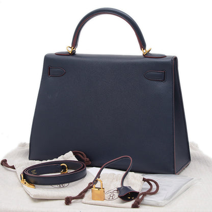 ケリー32 外縫い コントゥール エプソン ブルーインディゴ/ルージュアッシュ X刻印 ハンドバッグ