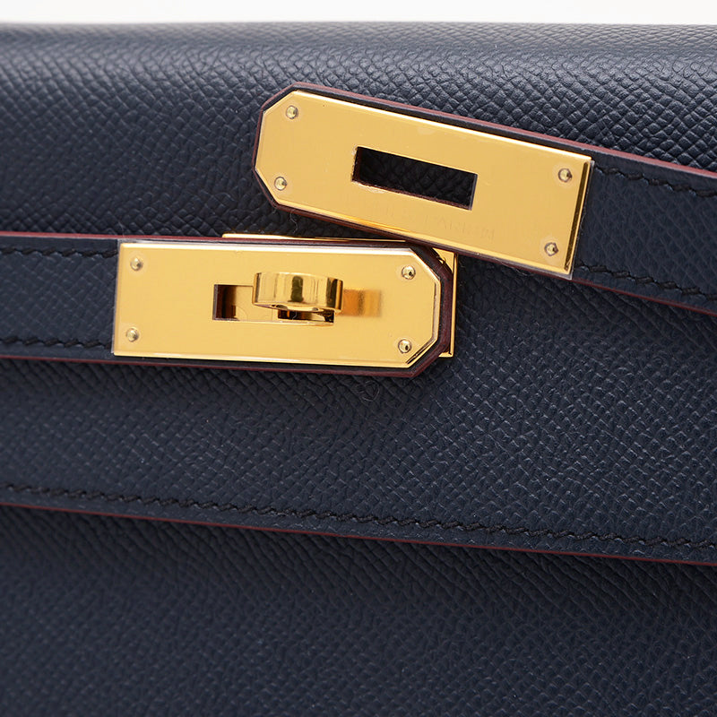 ケリー32 外縫い コントゥール エプソン ブルーインディゴ/ルージュアッシュ X刻印 ハンドバッグ