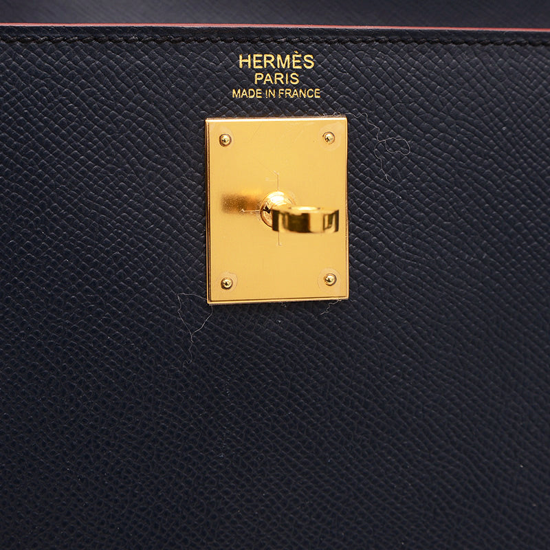 ケリー32 外縫い コントゥール エプソン ブルーインディゴ/ルージュアッシュ X刻印 ハンドバッグ