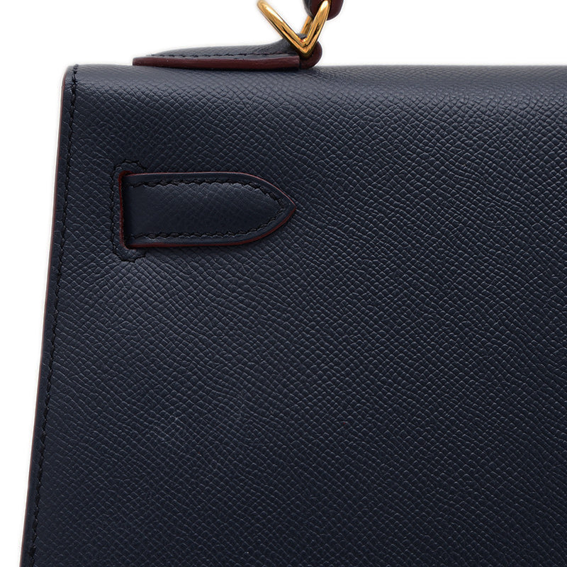 ケリー32 外縫い コントゥール エプソン ブルーインディゴ/ルージュアッシュ X刻印 ハンドバッグ