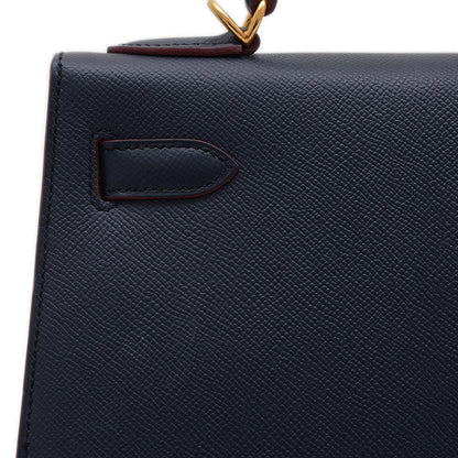 ケリー32 外縫い コントゥール エプソン ブルーインディゴ/ルージュアッシュ X刻印 ハンドバッグ