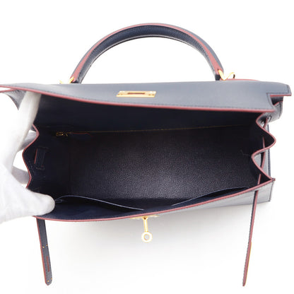 ケリー32 外縫い コントゥール エプソン ブルーインディゴ/ルージュアッシュ X刻印 ハンドバッグ