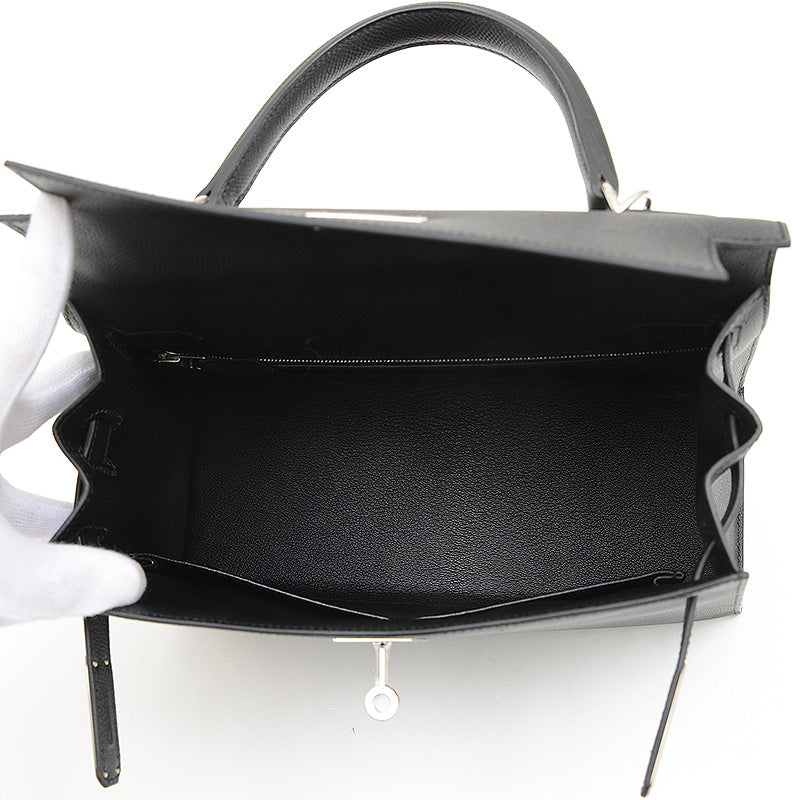 ケリー28 外縫い エプソン ブラック シルバー金具 B刻印 ハンドバッグ