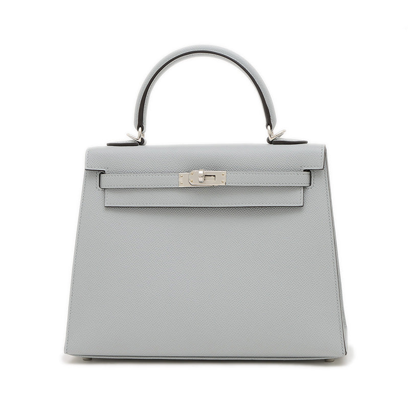 ケリー25 外縫い エプソン ブルーグラシエ シルバー金具 K刻印 ハンドバッグ