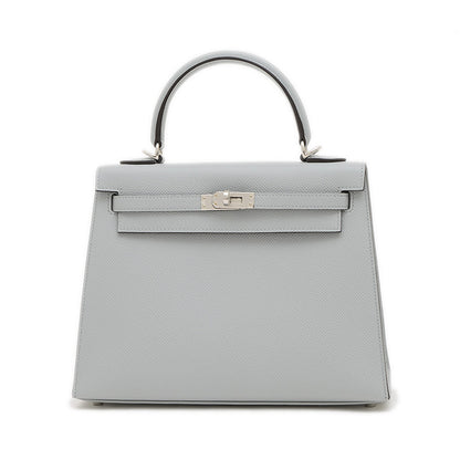 ケリー25 外縫い エプソン ブルーグラシエ シルバー金具 K刻印 ハンドバッグ