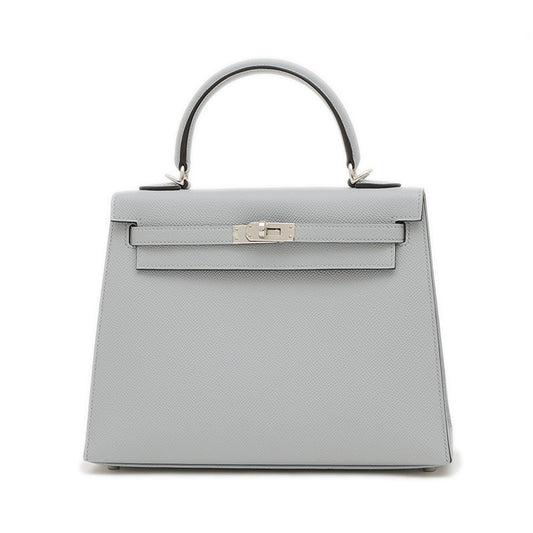 ケリー25 外縫い エプソン ブルーグラシエ シルバー金具 K刻印 ハンドバッグ