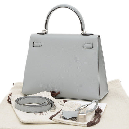 ケリー25 外縫い エプソン ブルーグラシエ シルバー金具 K刻印 ハンドバッグ