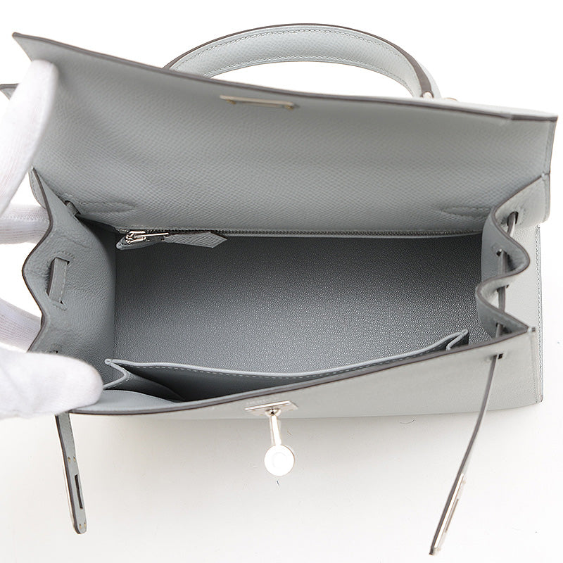 ケリー25 外縫い エプソン ブルーグラシエ シルバー金具 K刻印 ハンドバッグ