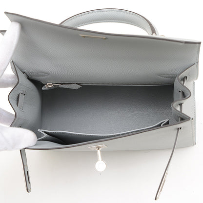 ケリー25 外縫い エプソン ブルーグラシエ シルバー金具 K刻印 ハンドバッグ