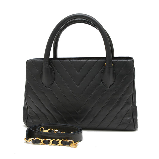 シェブロン 2WAYバッグ ラムスキン ブラック ハンドバッグ