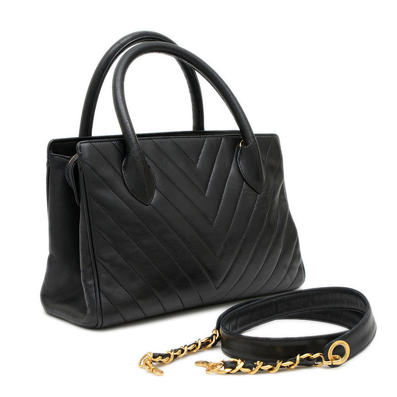 シェブロン 2WAYバッグ ラムスキン ブラック ハンドバッグ