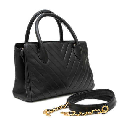 シェブロン 2WAYバッグ ラムスキン ブラック ハンドバッグ