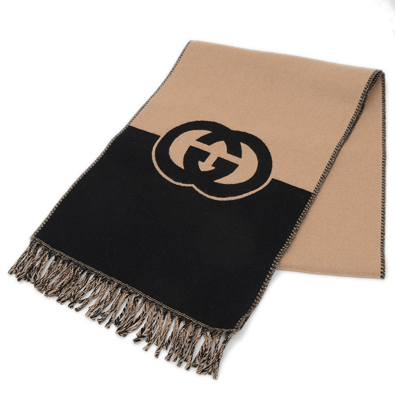 インターロッキングG マフラー ウール/カシミヤ ブラック/ベージュ 715497 マフラー