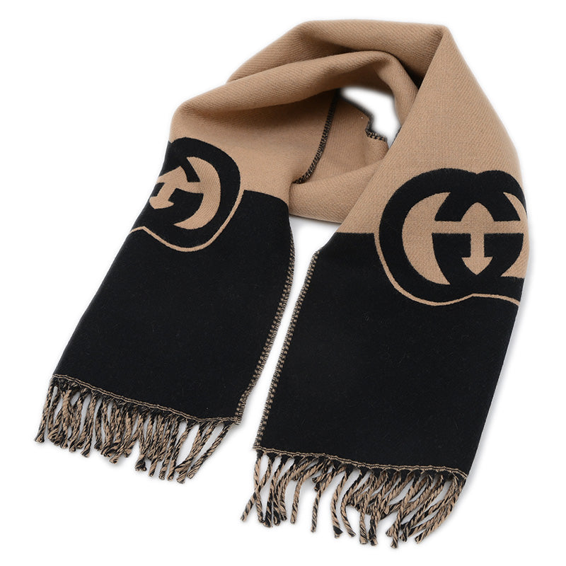 インターロッキングG マフラー ウール/カシミヤ ブラック/ベージュ 715497 マフラー