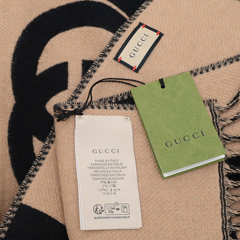 インターロッキングG マフラー ウール/カシミヤ ブラック/ベージュ 715497 マフラー