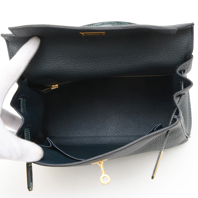 ケリー25 タッチ 内縫い トゴ/リザード ヴェールルソー ゴールド金具 W刻印 ハンドバッグ